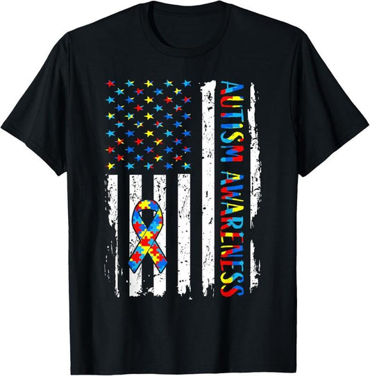 100% Cotton Autism Awareness Mom Dad USA flag Autistic Awareness Autism T-Shirt