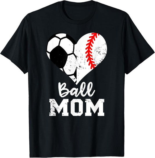 100% Cotton Ball Mom Heart Funny Baseball Soccer Mom T-Shirt