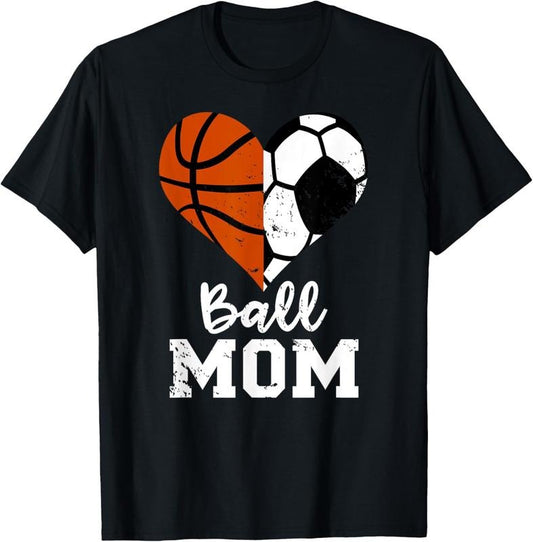 100% Cotton Ball Mom Heart Funny Soccer Basketball Mom T-Shirt
