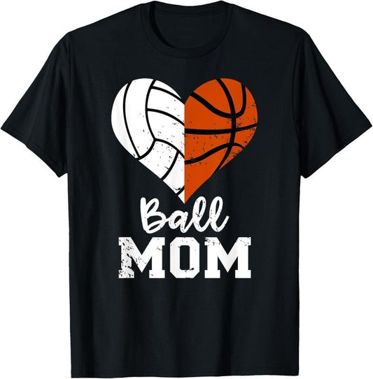 100% Cotton Ball Mom Heart Funny Volleyball Basketball Mom T-Shirt