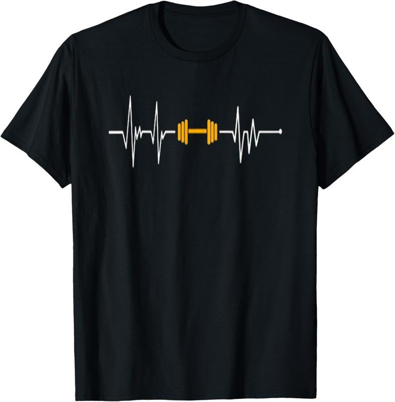 100% Cotton Barbell Weightlifting Heartbeat Shirt - Bodybuilding T-Shirt