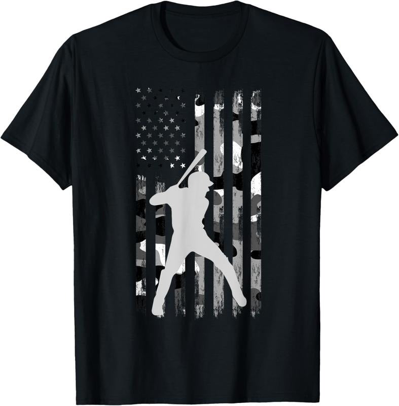 100% Cotton Baseball Player Gifts Teens Boys Men American Flag USA Camo T-Shirt