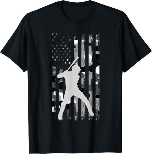 100% Cotton Baseball Player Gifts Teens Boys Men American Flag USA Camo T-Shirt