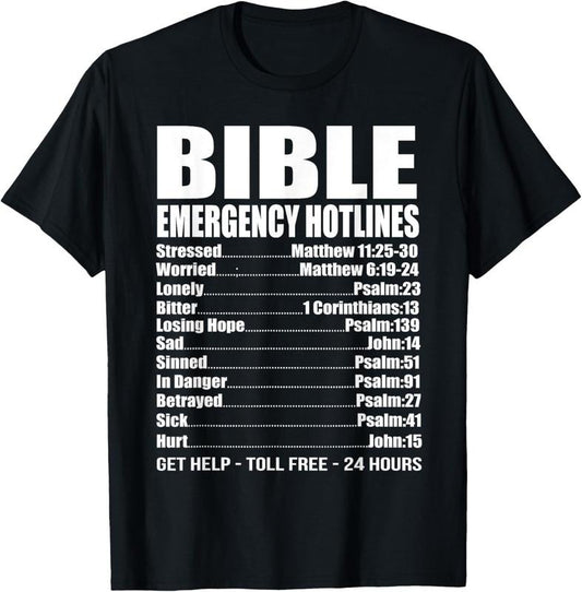 100% Cotton Bible Emergency Numbers Funny Hotline Christian Gift T-Shirt