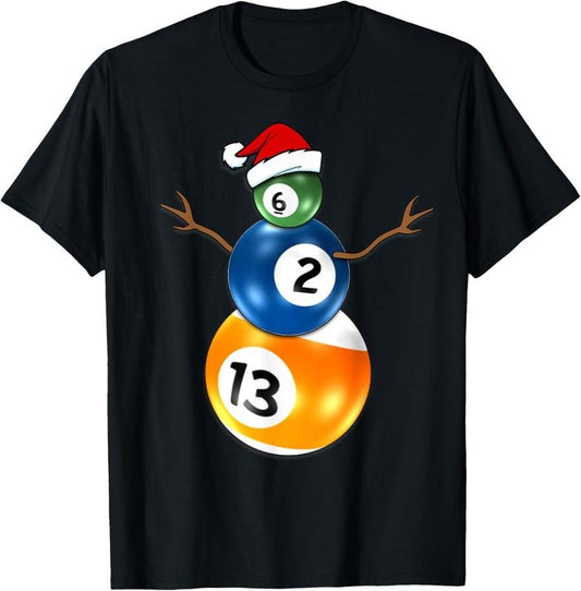 100% Cotton Billiards Christmas Snowman T-Shirt with Pool Table Balls T-Shirt
