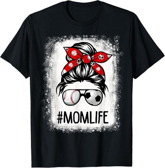 100% Cotton Bleached Mom Life Soccer Messy Bun Baseball Game Day T-Shirt