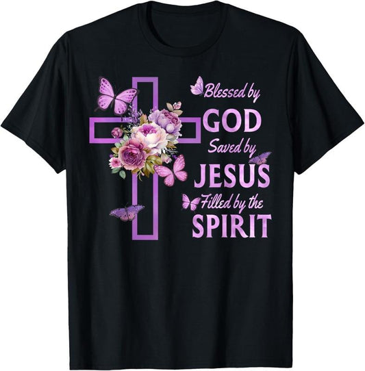 100% Cotton Blessed by God Saved by Jesus Purple Floral Cross Christian T-Shirt