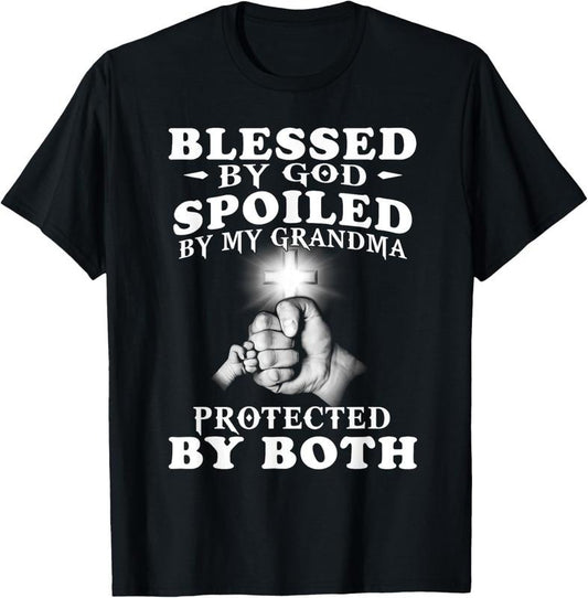100% Cotton Blessed by God spoiled by my grandma protected by both T-Shirt