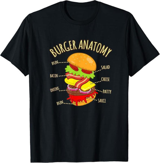 100% Cotton Hamburger Food Lover Graphic Burger Anatomy Cheeseburger T-Shirt