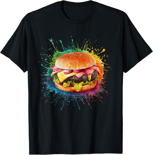 100% Cotton Hamburger Men Woman Colorful Watercolor Cheeseburger T-Shirt