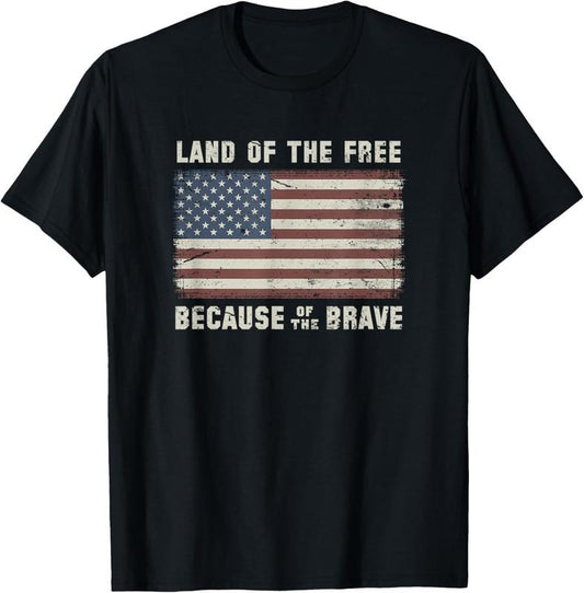 100% Cotton Land of the Free Because of the Brave Vintage Flag T-Shirt