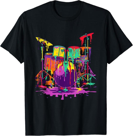 100% Cotton Melting Pop Art Drum Set Funny Drummer Musician Music Outfit T-Shirt