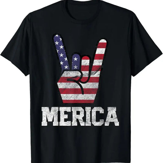100% Cotton Merica Rock Sign 4th of July Vintage American Flag Retro USA T-Shirt