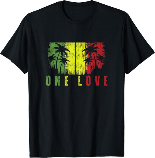 100% Cotton One Love Palm Tree Reggae Music Rasta T-Shirt