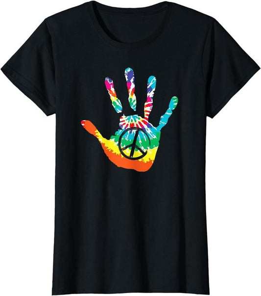 [100% Cotton]PEACE SIGN LOVE Handprint 60s 70s Tie Dye Hippie Costume T-Shirt