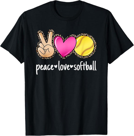 100% Cotton Peace Love Softball Leopard Print Girls Women Softball T-Shirt