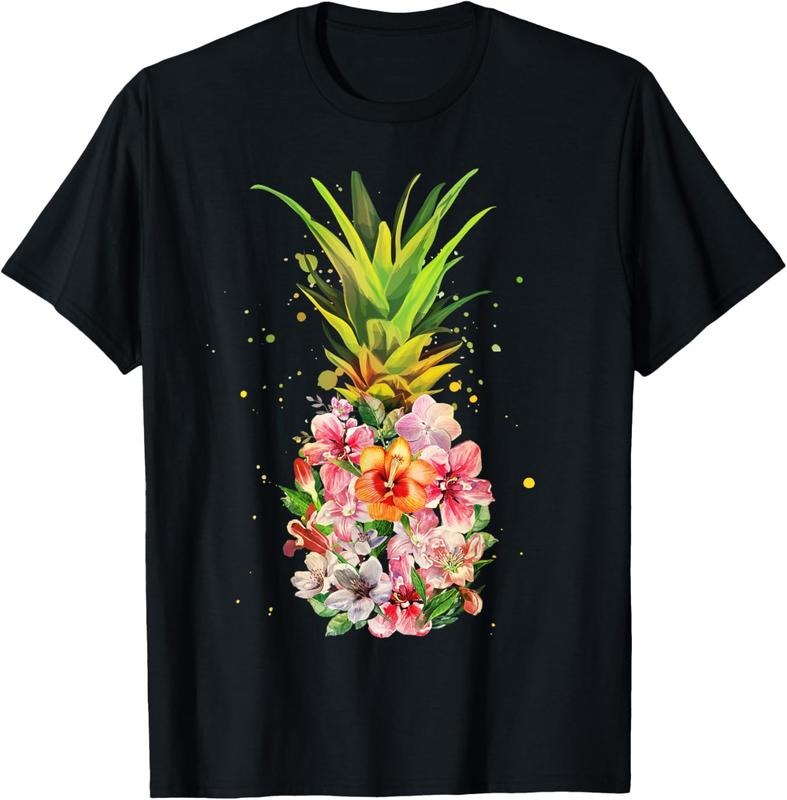 100% Cotton Pineapple Flowers Women Aloha Hawaii Vintage Hawaiian Floral T-Shirt