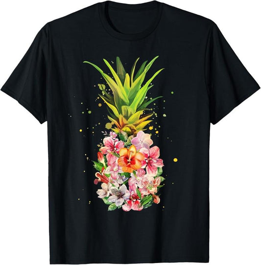 100% Cotton Pineapple Flowers Women Aloha Hawaii Vintage Hawaiian Floral T-Shirt