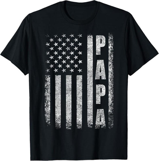 100% Cotton Proud Papa Funny Fathers Day 2024 Gifts Dad America USA flag T-Shirt