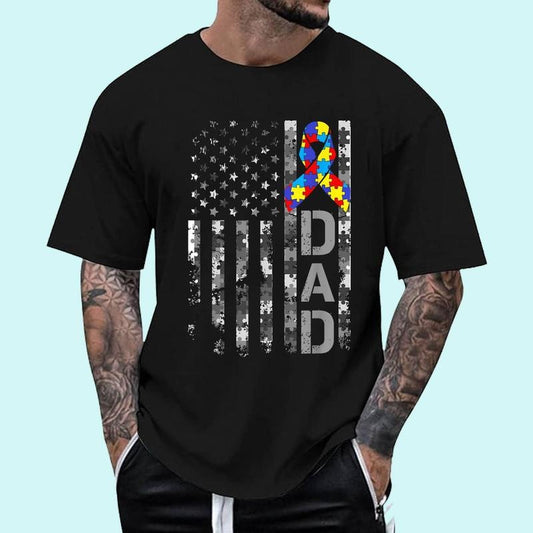 [100% Cotton Shirt] Autism Awareness Dad USA Flag Fathers day Unisex T-Shirt