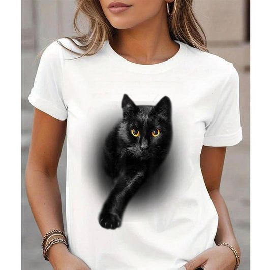 [100% Cotton Shirt] Black Cat Yellow Eyes Unisex T-Shirt Cats Tee Shirt Gifts Unisex T-Shirt