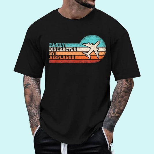 [100% Cotton Shirt] Easily Distracted By Airplanes Funny Pilot Aviation Men Unisex T-Shirt
