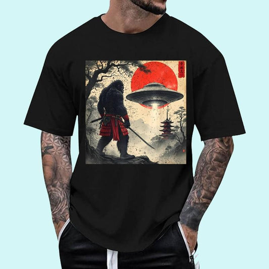 [100% Cotton Shirt] Samurai Bigfoot Japanese UFO Vintage Graphic Ukiyo-e Art Unisex T-Shirt