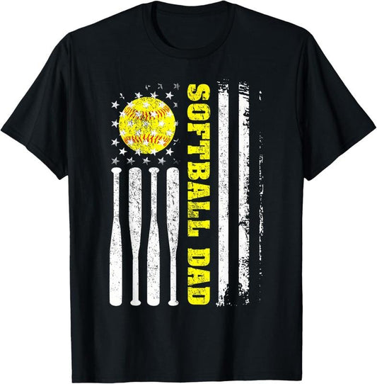 100% Cotton Softball Dad Vintage American Flag Sports Dad Father's Day T-Shirt
