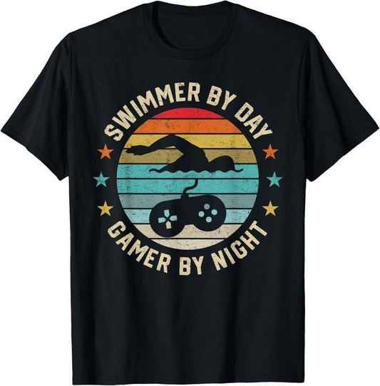 100% Cotton Swimmer By Day Gamer By Night Swimming Swim Lover Gaming T-Shirt