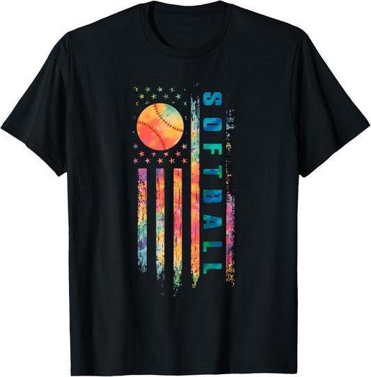 100% Cotton Tie Dye Softball Teen Girls Softball Player USA Flag T-Shirt