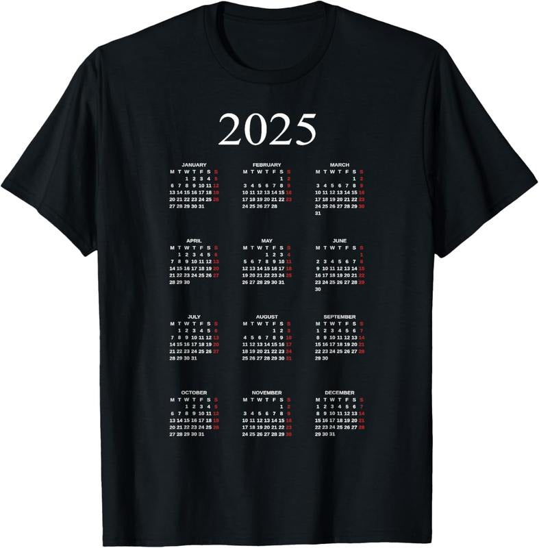 100% Cotton Tshirt Graphic of Year 2025 Calendar With Holidays in Red T-Shirt