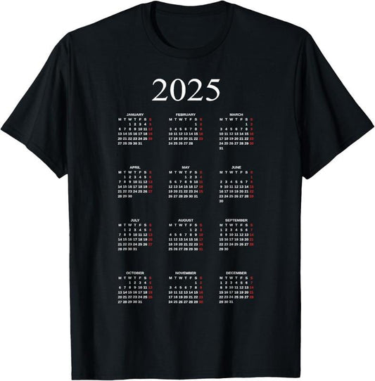 100% Cotton Tshirt Graphic of Year 2025 Calendar With Holidays in Red T-Shirt