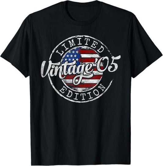100% Cotton Vintage 2005 Flag Stamp 19th Birthday Gifts 19 Year Old T-Shirt