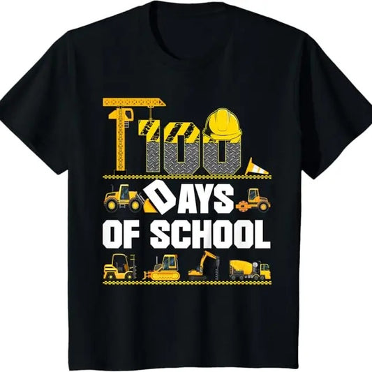 100 Day of School Shirt, 100 Days Of School Construction Vehicle Funny T-Shirt - Casual Basic Smooth
