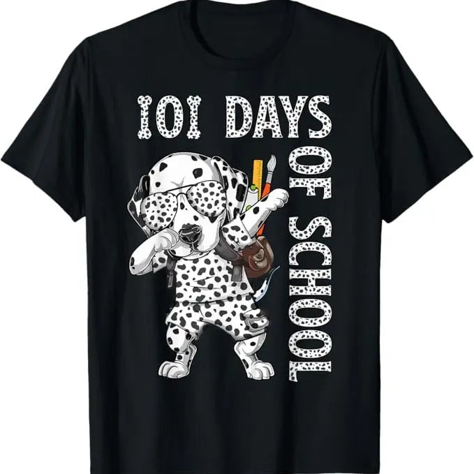 100 Day of School Shirt, 101 Days School Dabbing Dalmatian Dog Funny T-Shirt - Casual Basic Smooth