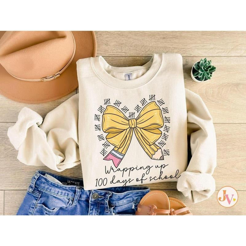 100 Days Of School Sweatshirt, Coquette 100th Day of School Teacher Shirt With Bow, One Hundredth Day Schooling Shirt, Back to School Shirt