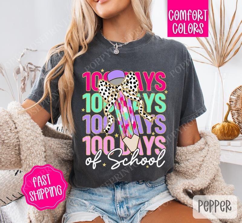 100 Days of School Shirt Comfort Colors, Cute School Bow Women's Tee, Trendy Women's Tshirt