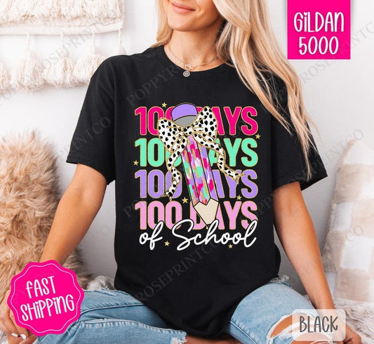 100 Days of School Shirt Gildan, Trendy Bow School Women's Tee, Cute Women's Tshirt Plus Sizes