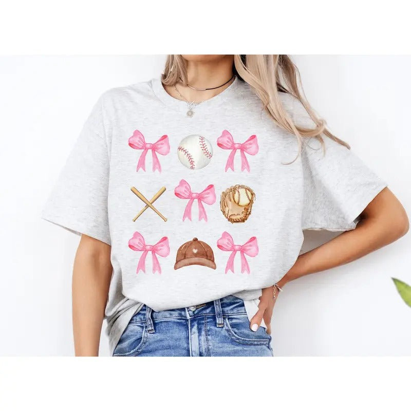 #189 - Baseball Coquette Pink Bows Bat Hat Glove Mom  - Print Unisex Crew neck Tee T-shirt  (Copy)