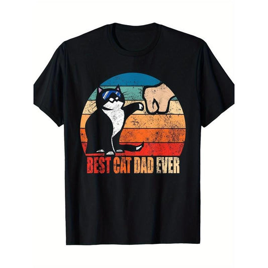 1pc Best Cat Dad Ever T-Shirt - 100% Cotton Crew Neck Tee with Applique Detail, Casual Fit, Slight Stretch, Summer Knit Fabric - Perfect Father'S Day Gift for Cat Lovers  made in usa
