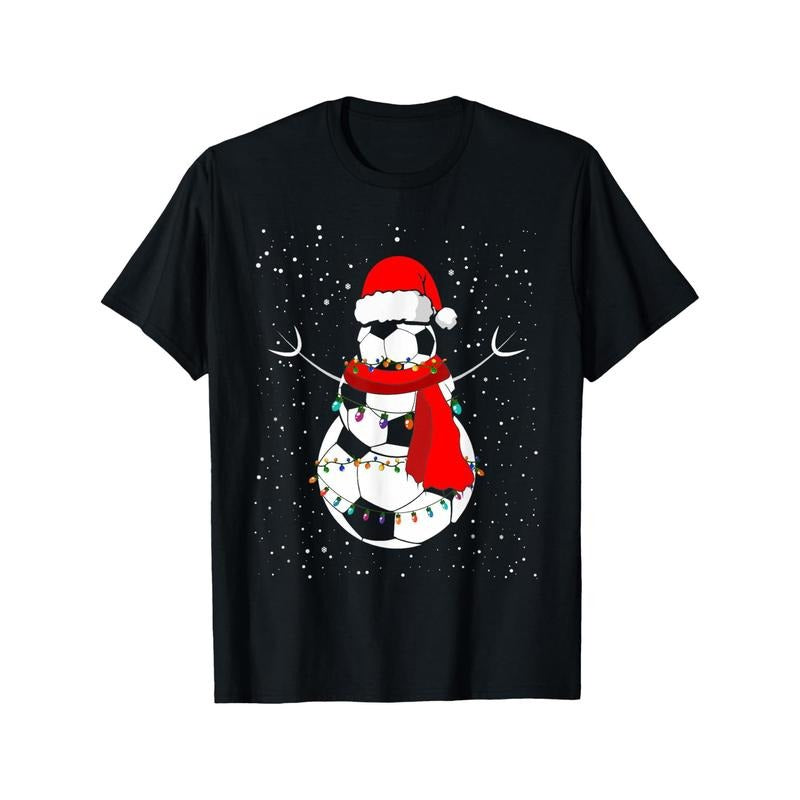 1pc Christmas Snowman Football Print T-Shirt, Cotton Crew Neck Casual Short Sleeve Tee, Slight Stretch Knit Fabric, All-Season Adult Sports Shirt made in usa