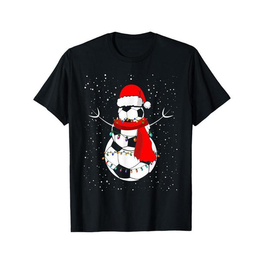 1pc Christmas Snowman Football Print T-Shirt, Cotton Crew Neck Casual Short Sleeve Tee, Slight Stretch Knit Fabric, All-Season Adult Sports Shirt made in usa