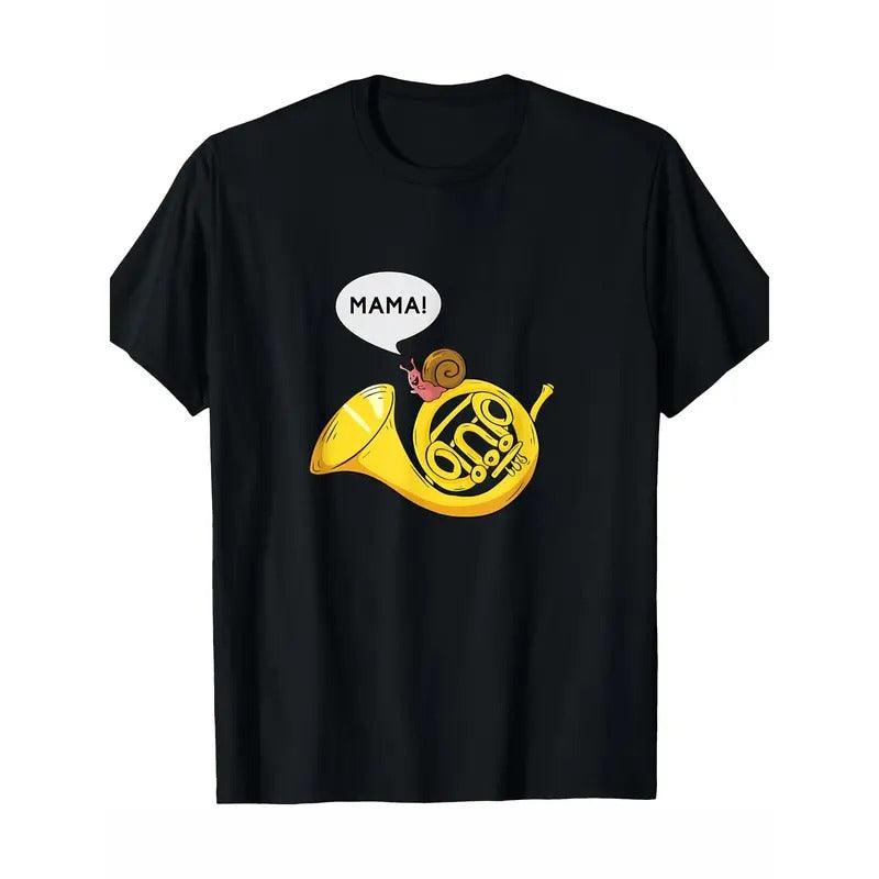 1pc Men'S Casual Cotton T-Shirt with French Horn & Snail Print, Crew Neck, Short Sleeve, Regular Fit, Puns Marching Band Graphic Tee for Running, Training, Outdoors - Summer Knit Top Made in USA