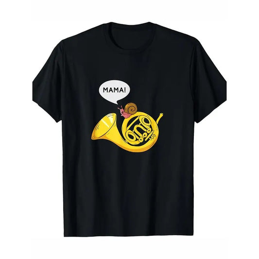 1pc Men'S Casual Cotton T-Shirt with French Horn & Snail Print, Crew Neck, Short Sleeve, Regular Fit, Puns Marching Band Graphic Tee for Running, Training, Outdoors - Summer Knit Top Made in USA