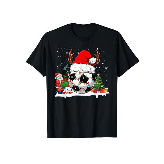 1pc Men'S Christmas Soccer Ball T-Shirt with Santa Hat and Reindeer Antlers - Casual Crew Neck Short Sleeve Knit Fabric Tee, Cotton Blend, Slight Stretch, Skinny Fit, Summer Holiday Top made in usa