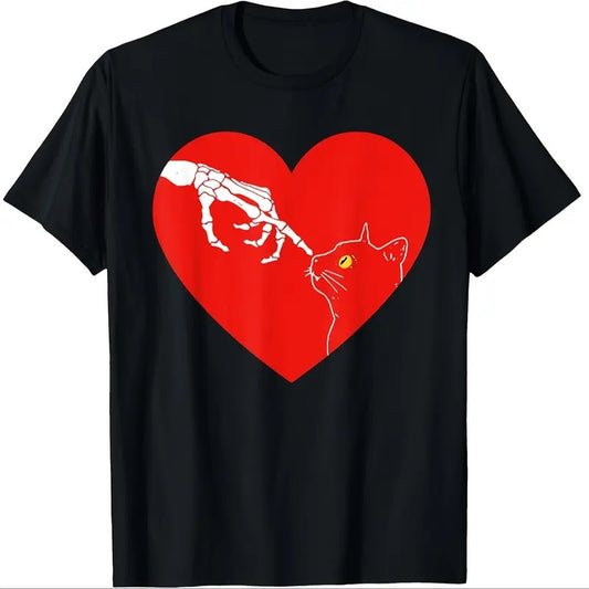1pc Valentine'S Day Cotton T-Shirt, Cartoon Skeleton and Cat in Heart Design, Regular Fit, Machine Washable, Short Sleeve, No Pocket - 220g 100% Cotton Knit Fabricmade in usa