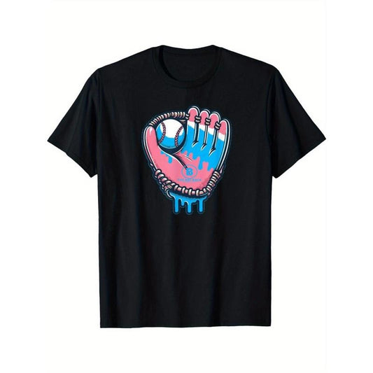 1pc Youth Baseball Glove Cotton Candy Drip T-Shirt - 100% Cotton, Crew Neck, Short Sleeve, Casual Style, Knit Fabric, Slight Stretch, Comfortable Fit, Regular Length, All Seasons, Weekend Casual - Sizes XS-XL made in usa