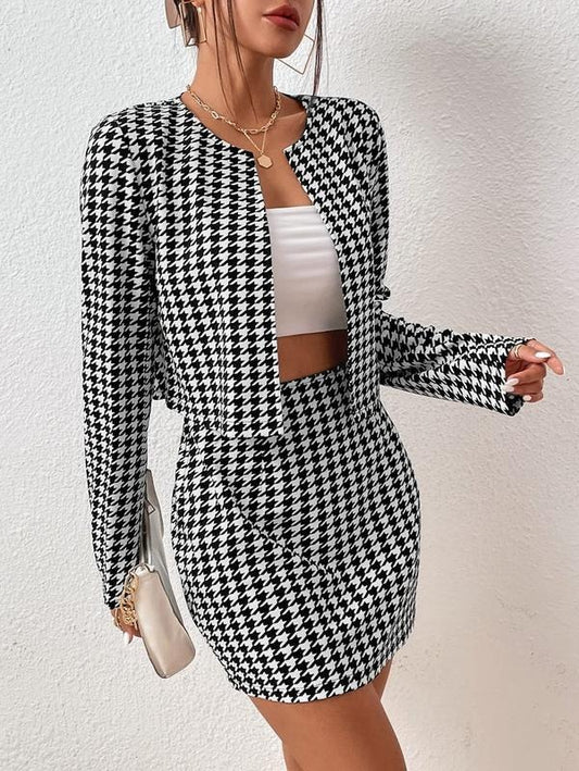 2 Piece Outfits Houndstooth Print Open Front Long Sleeve Jacket and Mini Skirt Set