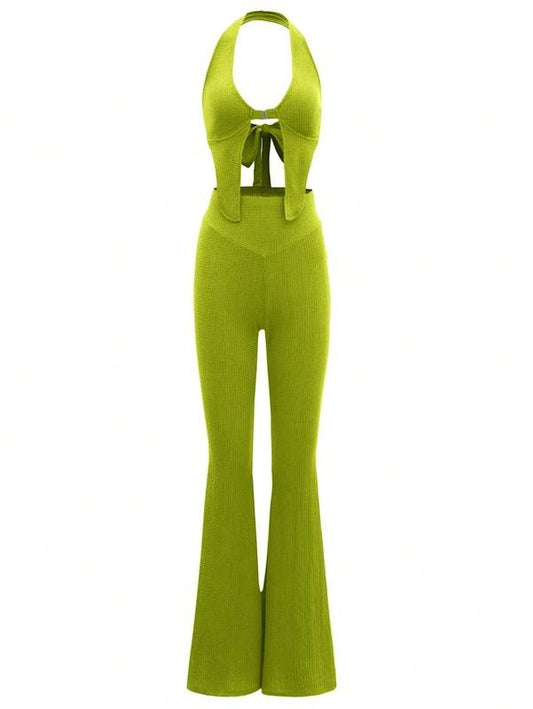 2 Piece Outfits Tie Back Crop Halter Top and Wide Leg Pant SetsY2K
