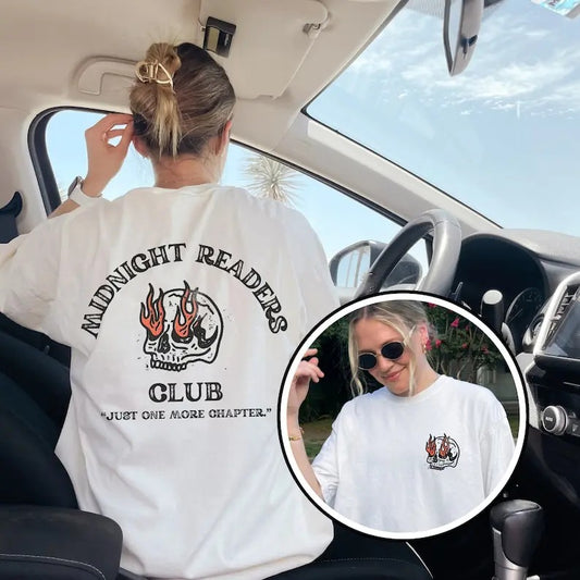 2 slides, Midnight Reader's Club T-Shirt. Book shirt. Womens book shirt. Women's graphic tee trendy. Cool book shirt. Halloween book. Born to read shirt